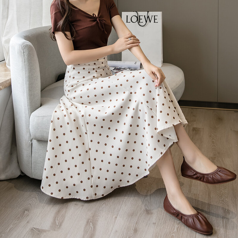 Wisher & tong feminino saia preta moda coreana dot print a linha de cintura alta saias longas femininas primavera 2022