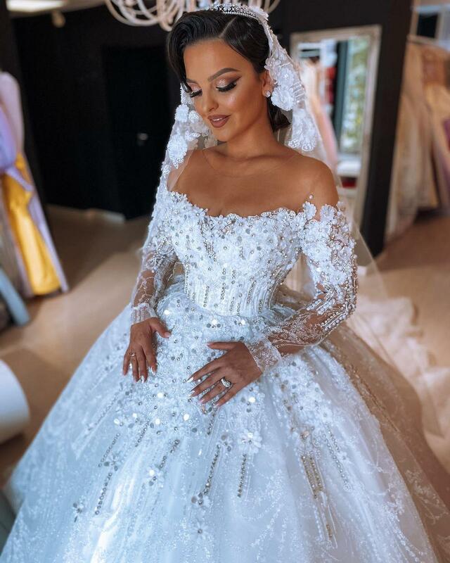 Размера плюс арабские роскошные сексуальные кружевные свадебные платья с длинными рукавами и кристаллами, свадебные платья с прозрачным воротником