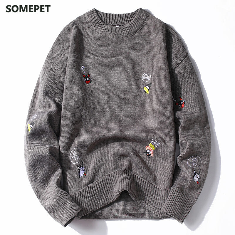 Sweter Bordir Rajutan Musim Dingin Pria Harajuku Hip Hop Streetwear Pullover Jumper Pakaian Pria Mode Sweater Pasangan Kartun