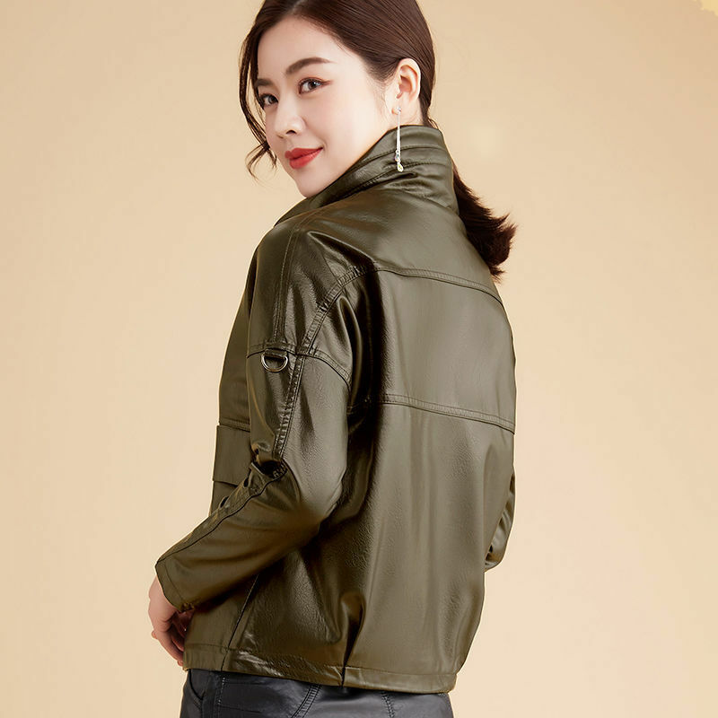 女性の春と秋の羊革のジャケット新ショート韓国ルースプラスサイズ秋の革のファッションジャケットフェイクシープスキン