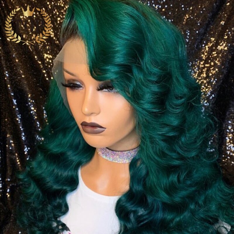 Topnormantic ombre cor verde 13x6 perucas da parte dianteira do laço para as mulheres brasileiro remy cabelo humano onda solta peruca preplucked linha fina