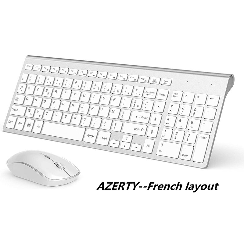 2.4G لوحة مفاتيح وماوس اللاسلكية أزيرتي-تخطيط الفرنسية متوافق مع iMac ماك كمبيوتر محمول كمبيوتر لوحي ويندوز (فضي أبيض)