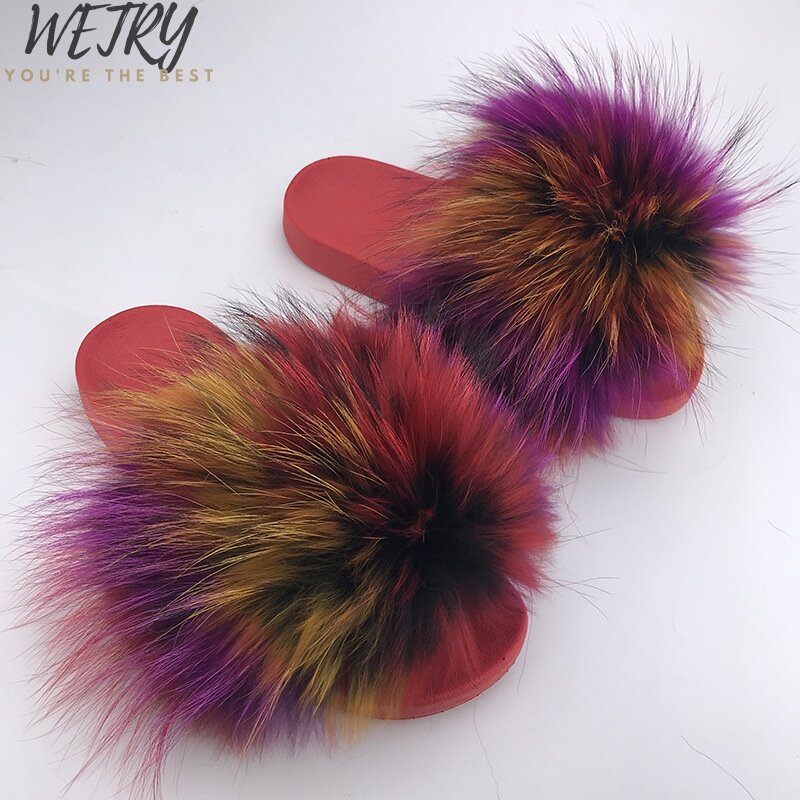 2020 Big Full Fur Slippers   Real Fox Hair Slides Beach Slides holiday fox fur Slides for women
