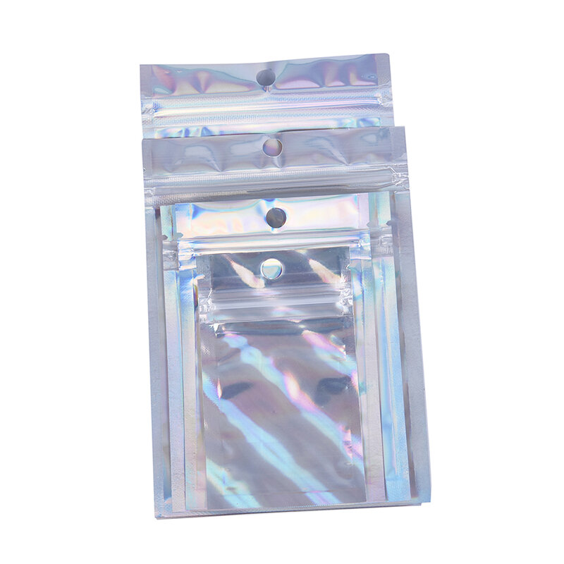 Bolsas de zíper holográficas, bolsas plásticas com zíper holográfico tipo laser para cosméticos, sacos para presente com fechamento automático, 10 peças