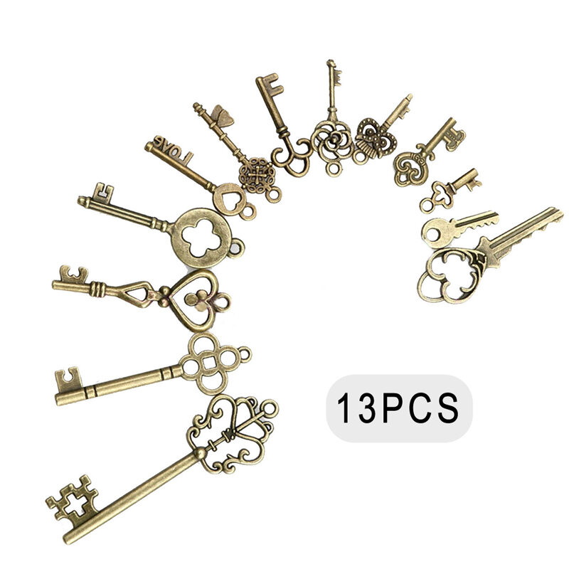 13 piezas de llaves de esqueleto Vintage, llaves de bronce antiguo, colgante Retro, collar de decoración de lujo, joyería artesanal, regalos