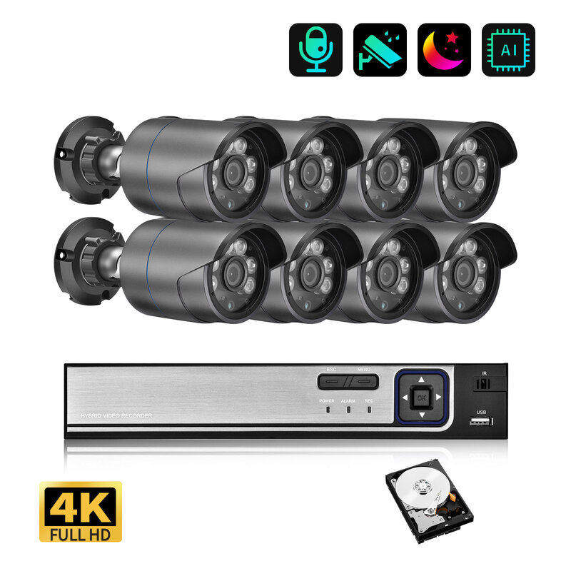 AZISHN-울트라 HD 보안 시스템 키트, 8mp, 4K, H.265, POE, 풀 컬러, 야간 투시경, P2P, 야외 방수 비디오 감시 NVR 세트