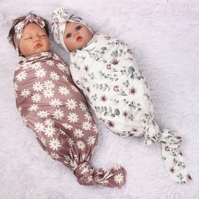 3pc Baby Floral Print Blanket Bamboo Fiber Newborn Swaddle Blanket with Knotted Beanie Hat Bow Headband Set for Baby Shower Gift