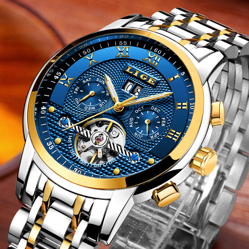 LIGE-Reloj de acero inoxidable para hombre, accesorio Masculino de pulsera resistente al agua con mecanismo automático, complemento deportivo mecánico de marca de lujo perfecto para negocios