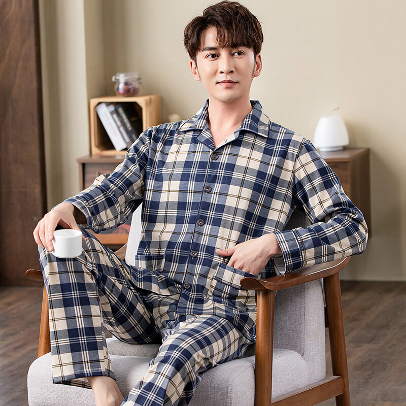 Mới Thu Đông Nam Bộ Đồ Ngủ 100% Cotton Bedgown Thời Trang Đồ Ngủ Pijama Người Đàn Ông Của Phòng Ngủ Ấm Áp Nhà Quần Áo PJ Kẻ Sọc Cotton Nguyên Chất bộ Đồ Ngủ