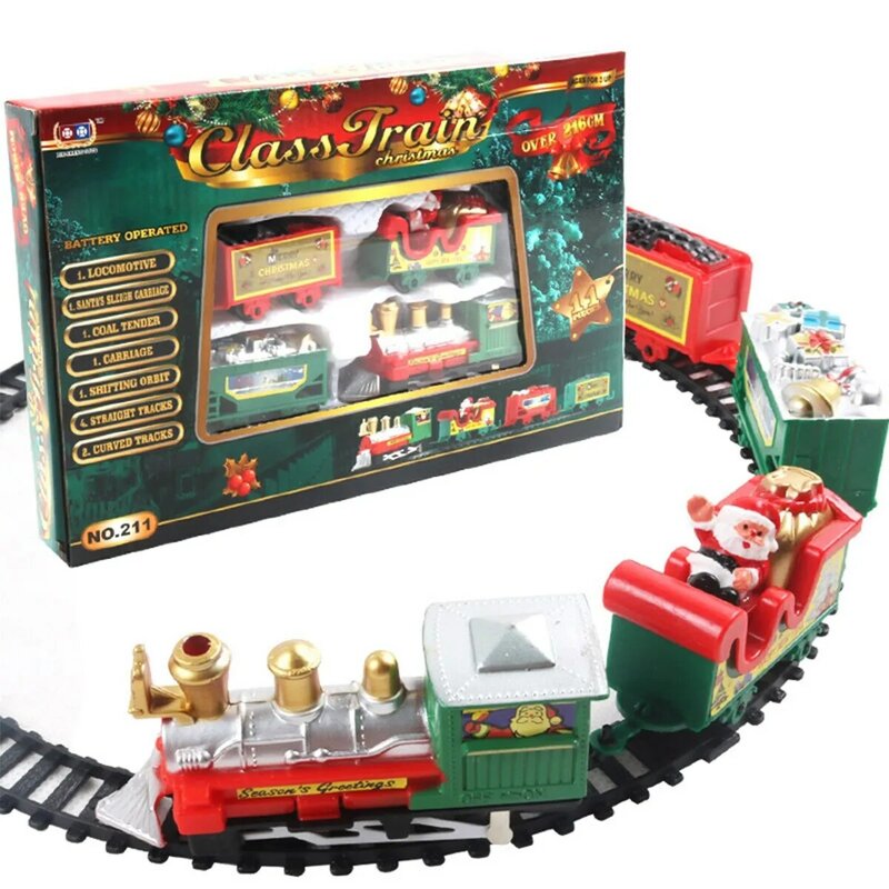 Set kereta listrik realistis, mainan bangunan kereta api rakit mobil rel kereta api dekorasi pohon kreatif hadiah Natal baru