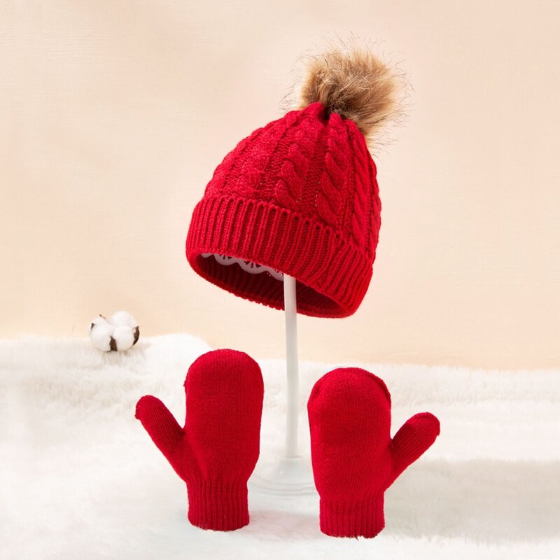 Inverno quente bebê cor sólida chapéu luvas conjunto bola de pele beanies mitten kit crianças malha hemming hat