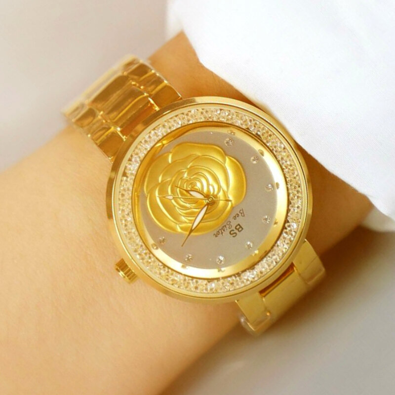 Bs relógio de pulso feminino dourado, relógio de pulso de quartzo em aço inoxidável com pulseira fashion para mulheres