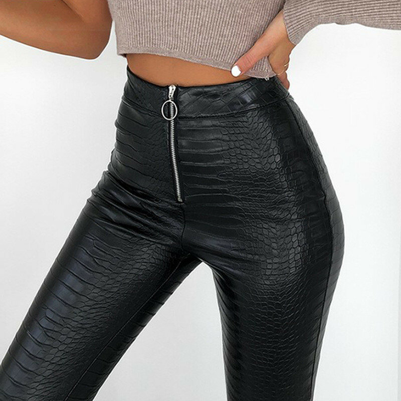 Pantalones elegantes de Pu de cintura alta para mujer, Leggings de piel sintética, ajustados, informales, rectos, negros