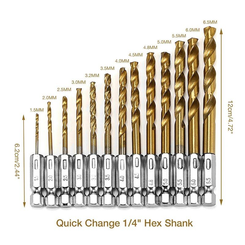 HSS 1/4 "Hex Shank Twist เจาะชุดเครื่องมือไฟฟ้าไขควงไฟฟ้าเปลี่ยน Drills 13Pcs Twist เจาะบิตชุดไทเทเนียมเคลือบ