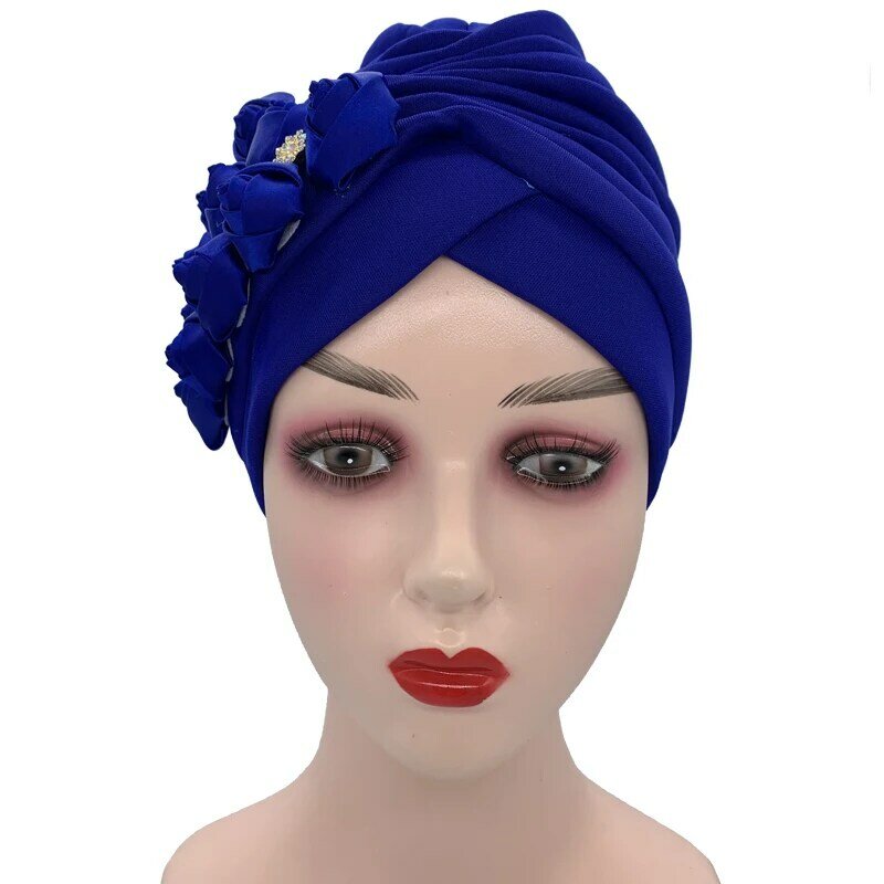 Rose Flower Deco Turban Cap for Women Pleated Head Wraps Bonnet Muslim Headscarf Hat Nigeria Headwear Party Hat