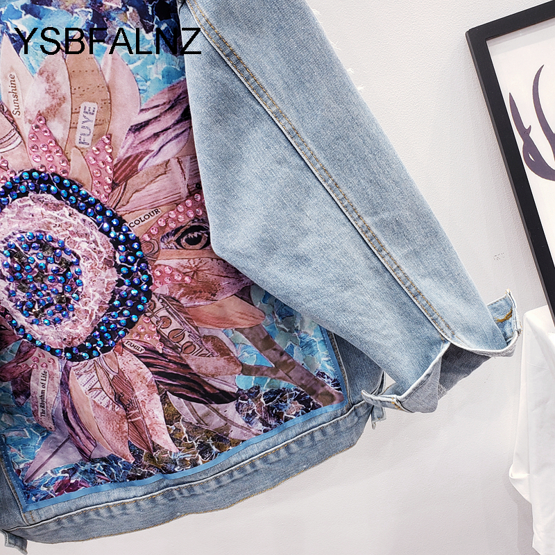 Женская джинсовая куртка, демисезонное пальто в стиле бохо с блестками и цветочной аппликацией и вышивкой, верхняя одежда с длинным рукавом, Женская куртка