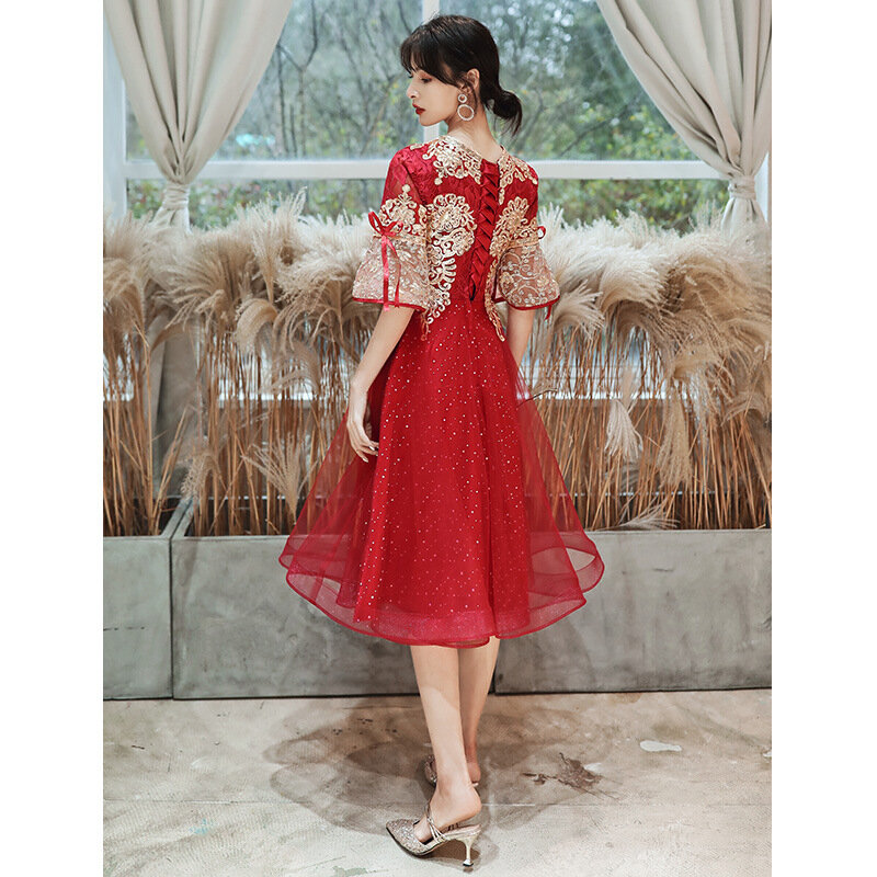Setengah Lengan Gaun Malam Tradisional Cina Pernikahan Gaun Renda Slim Perban Desain Formal Gaun untuk Wanita Hamil ZL634