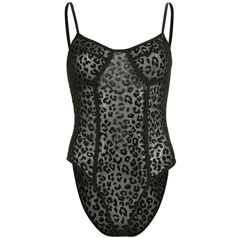 Bodysuit sexy feminino preto sem mangas, vestido feminino com estampa de leopardo floral bordado e renda