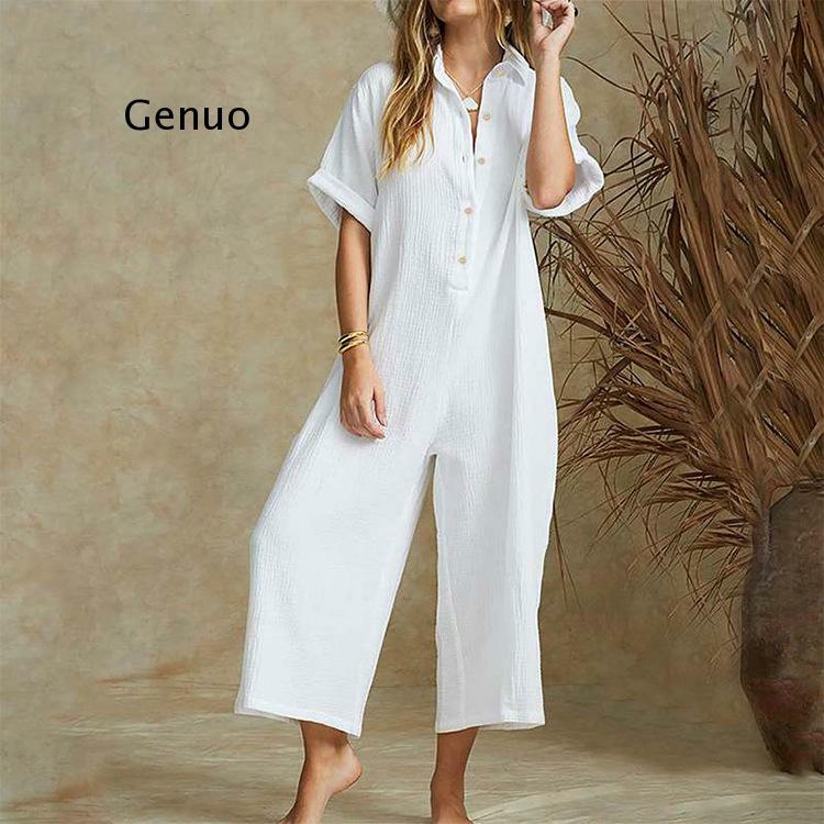 Женский винтажный комбинезон, комбинезон с широкими штанинами и коротким рукавом, элегантный однотонный комбинезон большого размера, 2021