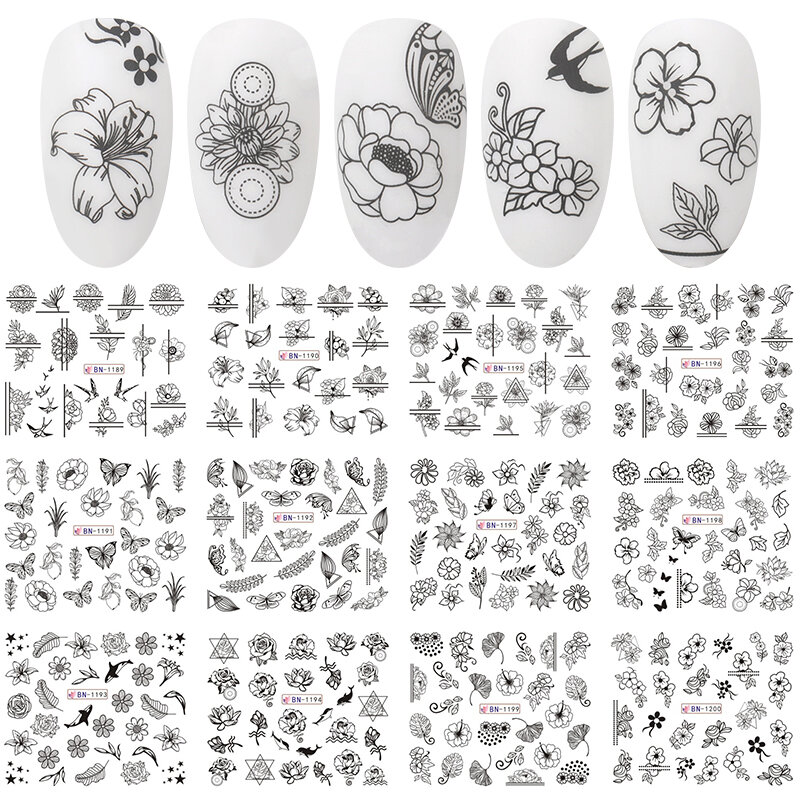 Hnuix 12 projetos adesivos de unhas conjunto misto floral geométrico sexy menina arte do prego decalques transferência água tatuagens sliders manicure