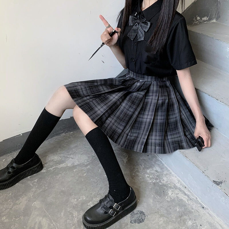 [Lonely City] 긴 반팔 학생 숙녀, 하이웨이스트 격자 무늬 플리츠 스커트, JK 교복, 애니메이션 의류