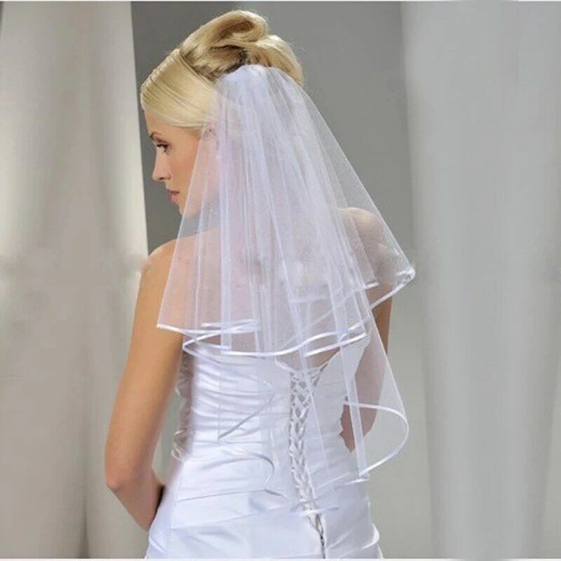 طرحة زفاف بحافة من طبقتين ، حجاب أبيض عاجي مع مشط ، حجاب زفاف بسيط ، حافة شريط ، بسيط