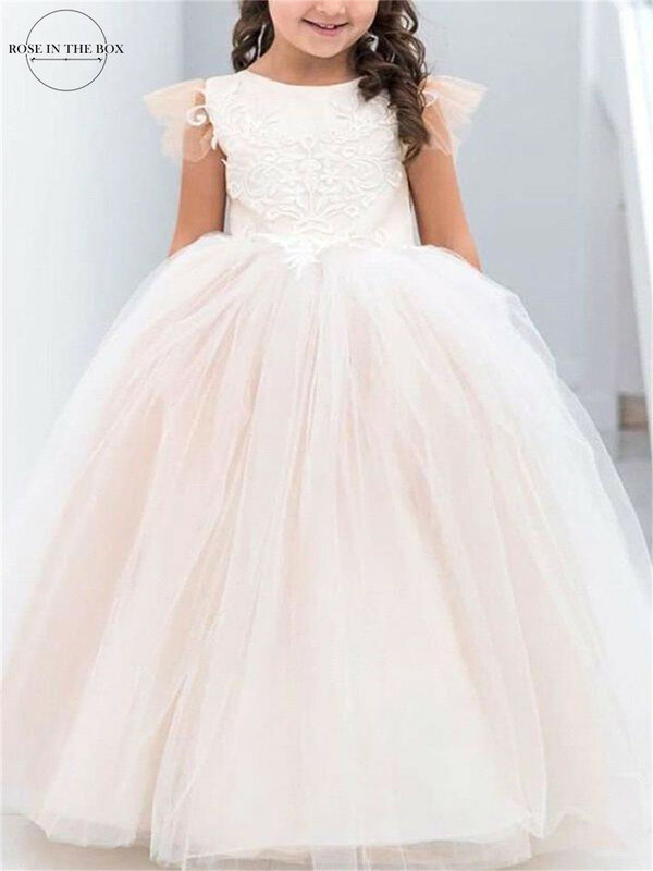 Champagne Flower Girl Dresses For Girls Lace Appliques Princess Wedding Guest Party Christmas Gowns For 3 to 9 Years Kids
