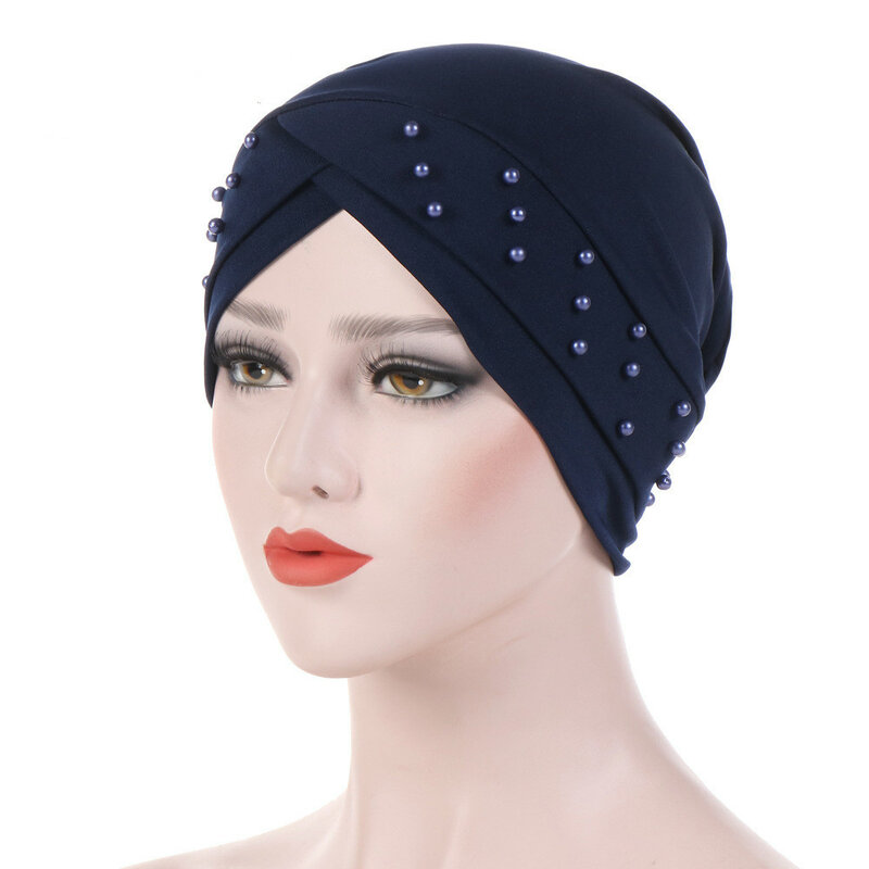 Touca feminina elástica hijab islâmica, chapéu turbante com contas de quimioterapia