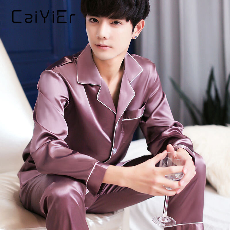 CAIYIER-Conjunto de pijama de seda para hombre, ropa de dormir de manga larga de Color sólido, estilo moderno, suave, suelta, para el hogar, L-3XL