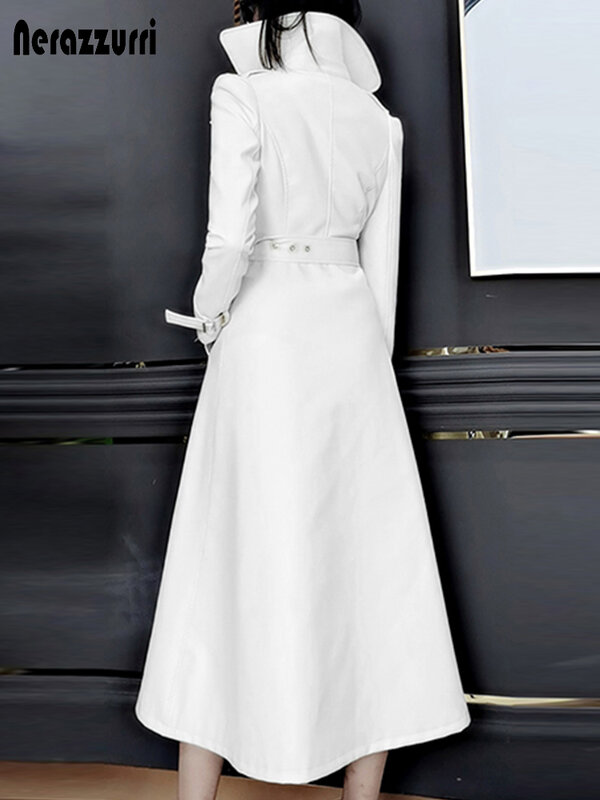 Nerazzurri Весенний подиум белый длинный кожаный тренч для женщин с длинным рукавом на молнии Мода Качественные женские пальто из искусственной кожи 2021 дизайнер верхняя одежда женская