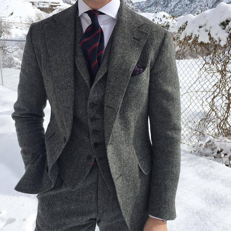 Fato de Tweed Espinha de Herringbone masculino, smoking formal, lã cinza, moda masculina, inverno, jaqueta, colete, calças, casamento, 3 peças