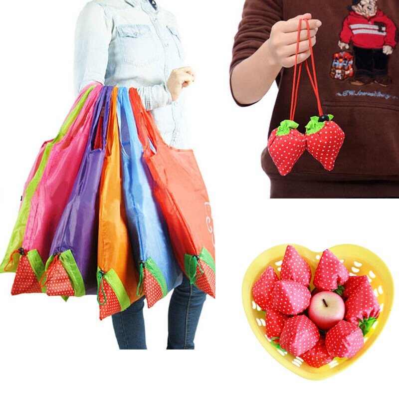 Impressão de morango dobrável reutilizável sacola de compras saco de supermercado verde de náilon conveniente grande capacidade sacos de armazenamento