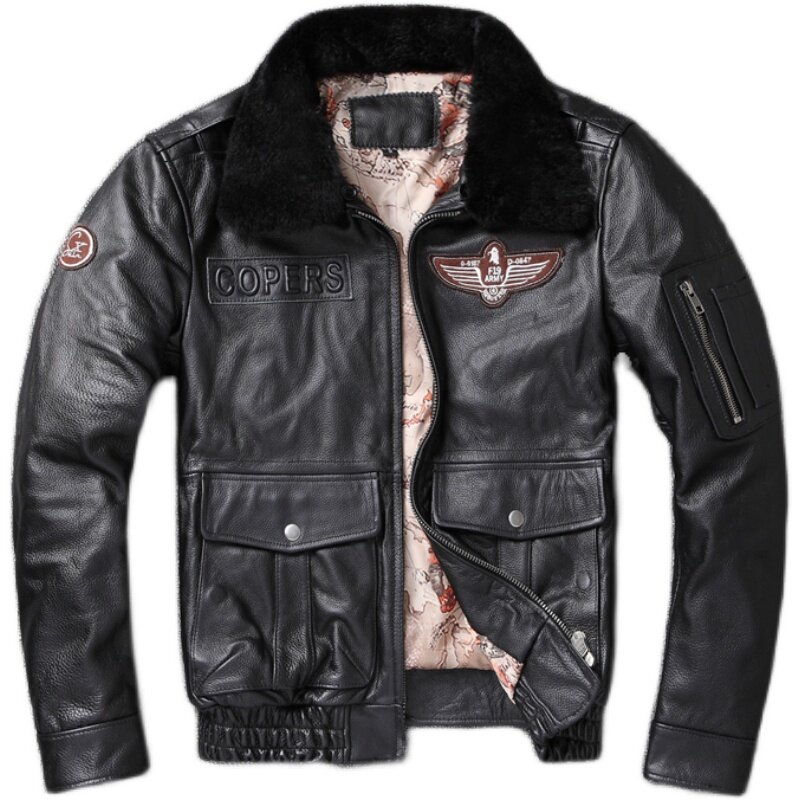 Vintage Men's First Layer Cowhide Air Force Bomber Jacket Detachable Fur Collar Plus Cotton Plus Size Leather Men's Coat