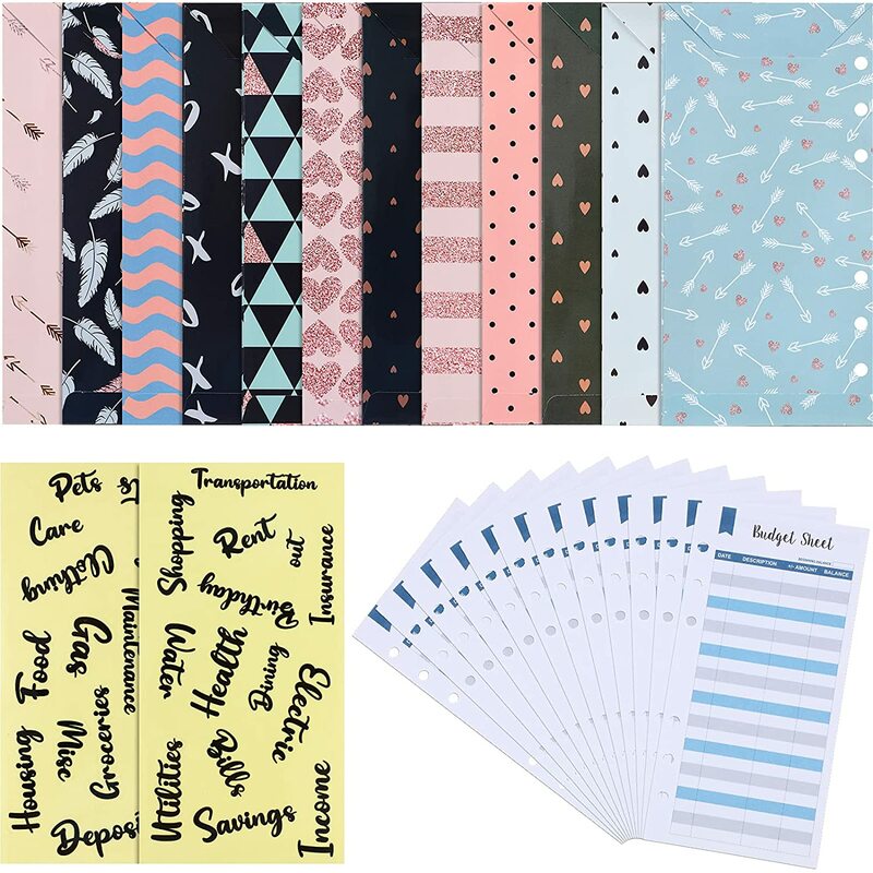 26 Pieces Budget Envelopes Sets Include 12 Cash Envelope System 12 Expense Tracking Budget Sheets 2 Stickers for Cash Savings
