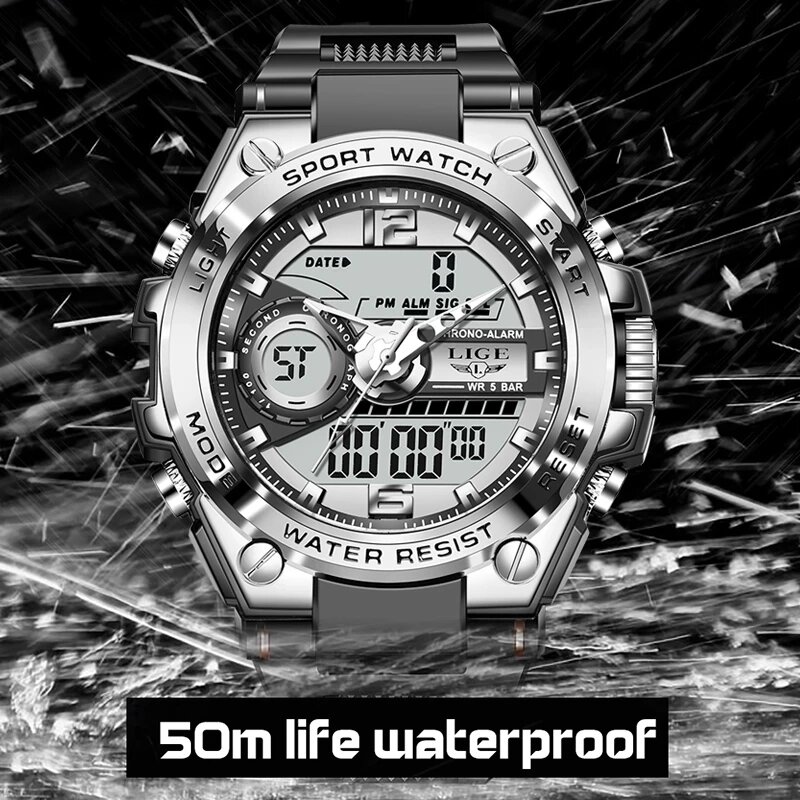 LIGE-ساعة رياضية رقمية للرجال ، ساعة يد رياضية عسكرية ، إلكترونية ، مقاومة للماء حتى 50atm ، للرجال