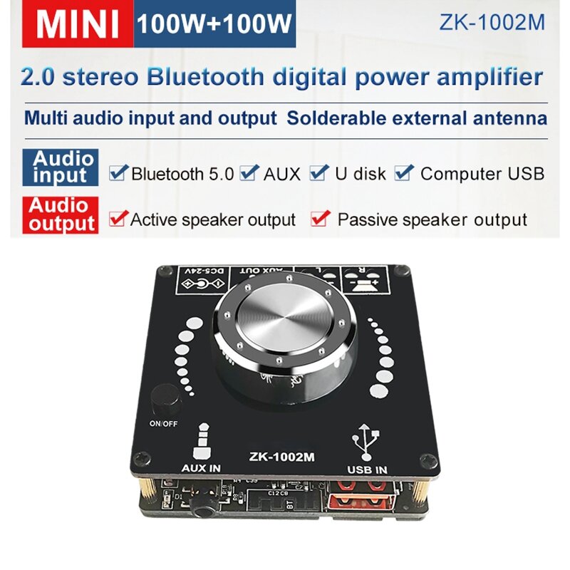 Zk1002m amplificador de áudio, bluetooth 5.0, aux, usb, saída de áudio, módulo amplificador de áudio, 100wx2