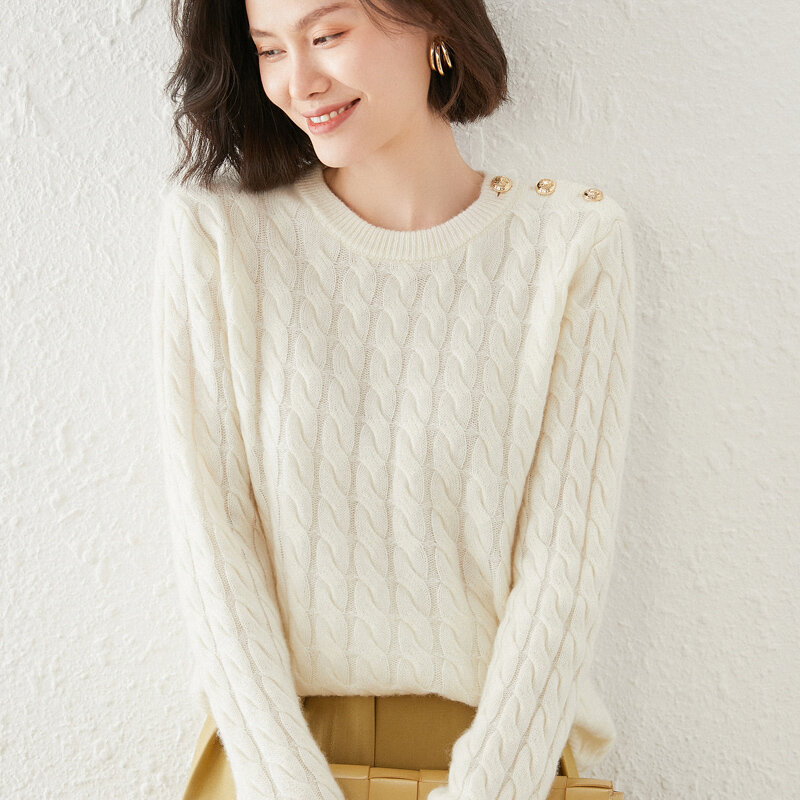WWnter-suéter de cuello redondo para mujer, jersey de Cachemira gruesa, Jersey de punto de lana pura retorcida, camisa de fondo informal, Otoño, 2022