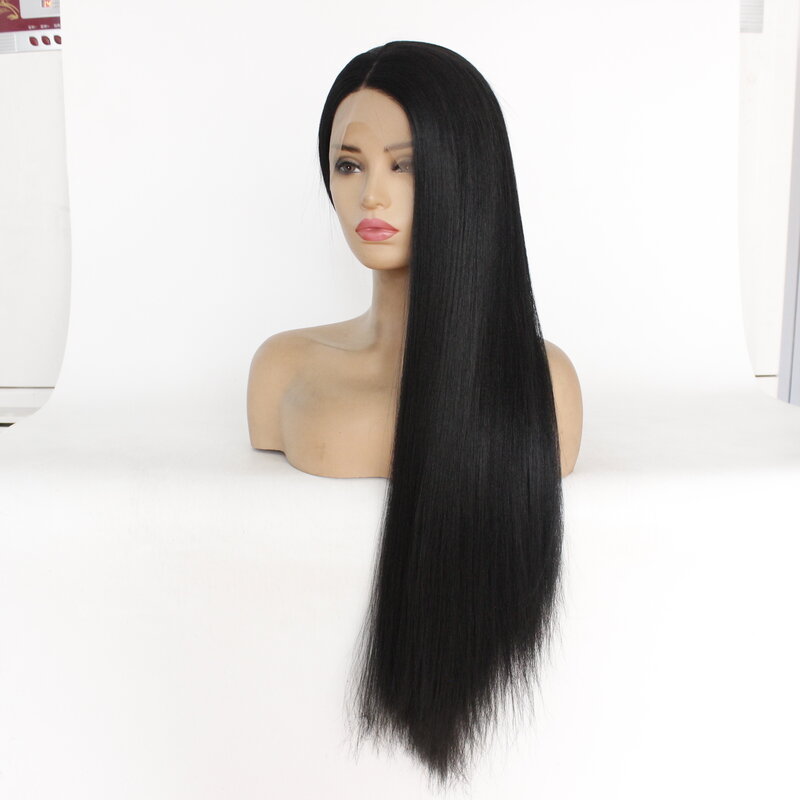 MRWIG largo Yaki sintético recto peluca con malla frontal parte media sin costuras de fibra resistente al calor, las mujeres dama 150% de densidad