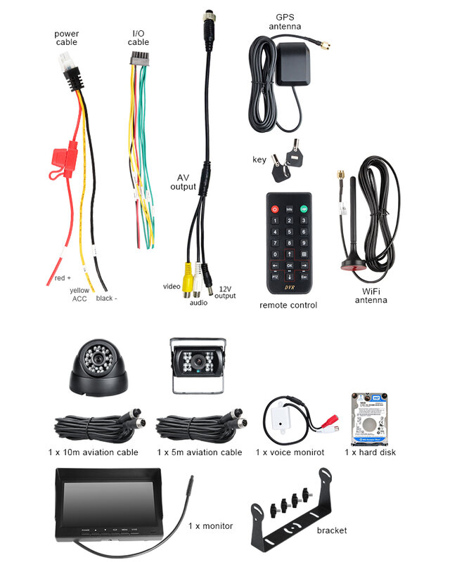 CCTV Echtzeit Surceillance Wifi GPS 4 Kanal HDD Video/Audio Eingang Auto Dvr Recorder + 2Pcs Innen/außerhalb AHD Kamera + 7 "Monitor