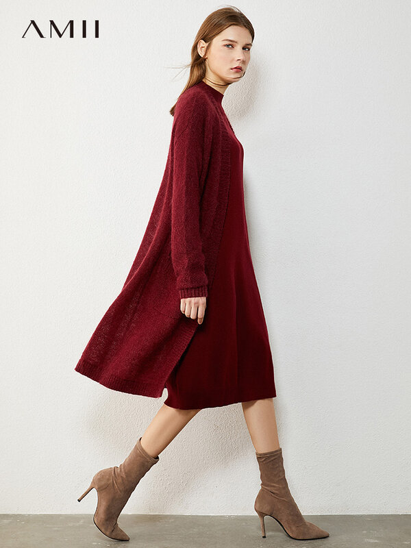 Gaya Panas Minimalis Musim Dingin Cocok untuk Wanita Fashion Kausal Solid Oneck Calf-Length Dress Sweater Wanita Jaket Rajutan Mantel 12030298