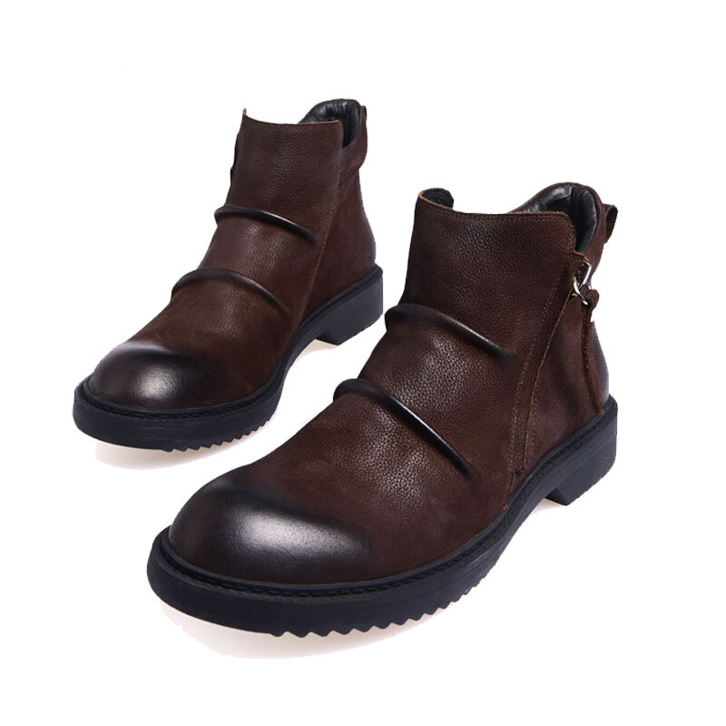 Zíper lado do inverno nova moda sapatos de couro genuíno dedo do pé redondo tornozelo homens marca de alta qualidade calçados masculinos retro botas do exército