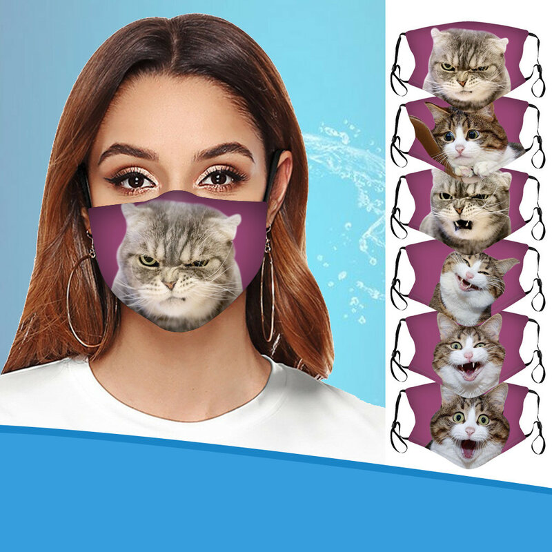 1PC Adult Mask Fashionable Reuseable Flash Mask Breathable Outdoor Protection Antidust Mouth Funny Cute Cat Décoration Printed