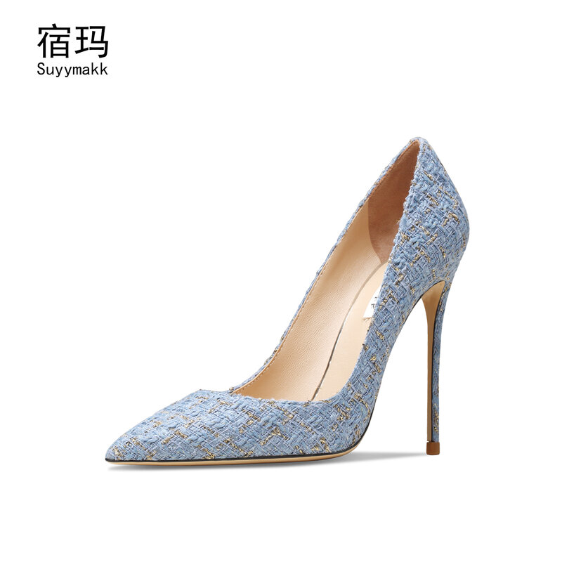 Tessuto 2022 moda primavera Sexy tacchi alti pompe da donna blu punta a punta Office Lady eleganti scarpe da lavoro scarpe singole di lusso 41