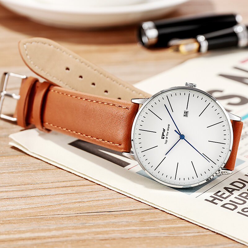 Простые деловые часы Japan Movement с окошком даты, 3 года работы от аккумулятора, ремешок из искусственной кожи