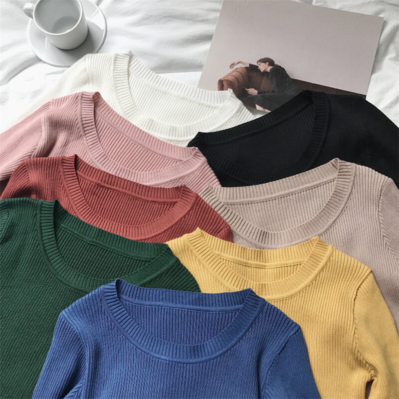 2022 Autumn Winter O-Neck Ribbed Pullover Knitted Women Long Sleeve Slim Elasticity Jumper Ladies Cotton Soft Green Sweater Tops