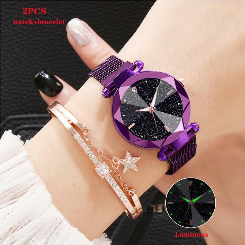 Nowe zegarki damskie zestaw bransoletek Starry Sky zegarek świetlny moda bransoletka damska zegarek kwarcowy na rękę Relogio Feminino