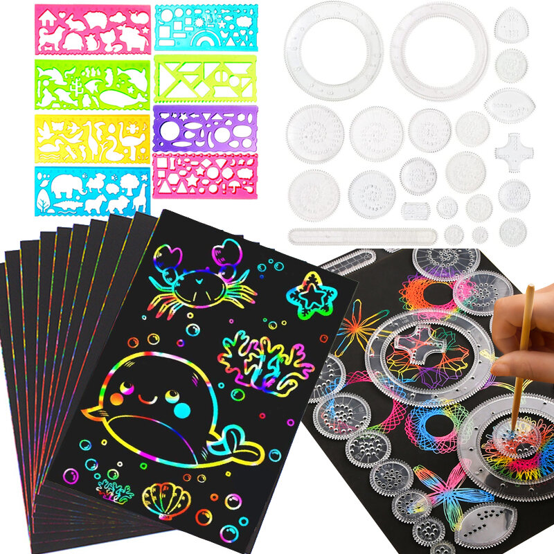 Scratch Rainbow Papers para crianças, Spirograph Drawing Set, Pintura Geométrica Animal, Stencils de pintura, Réguas, Art Carft Toys, Engrenagem Clássica