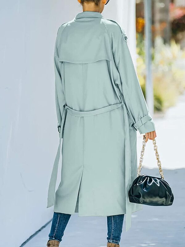 Casaco de trench longo trespassado duplo feminino com cinto, sobretudo à prova de vento, lapela clássica, manga comprida, streetwear feminino, outono