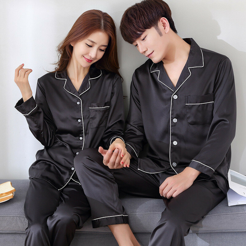 Solid Color Sleepwear Silk Satin Pajamas Couple Set Long Button-Down Pyjamas Suit Pijama Women Men Loungewear Plus Size Pj Set