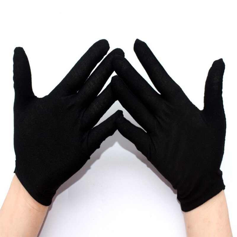 12 Pairs Black Cotton Full Finger Working Gloves Formal Dress Parade Jewelry Inspection Protective Stretcahble Mittens